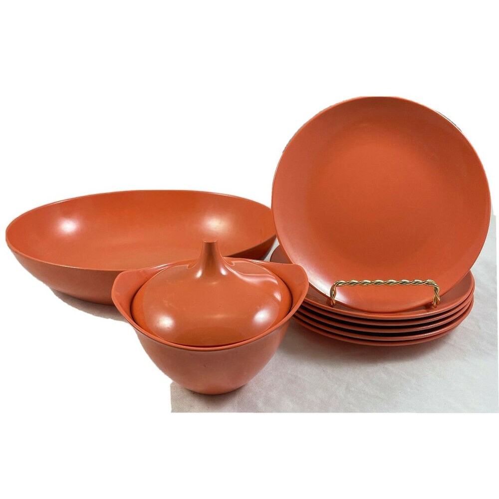 Oneida Melamine Plates 8 PC Vintage Sugar & Serving Bowl Orange Persimmon Retro